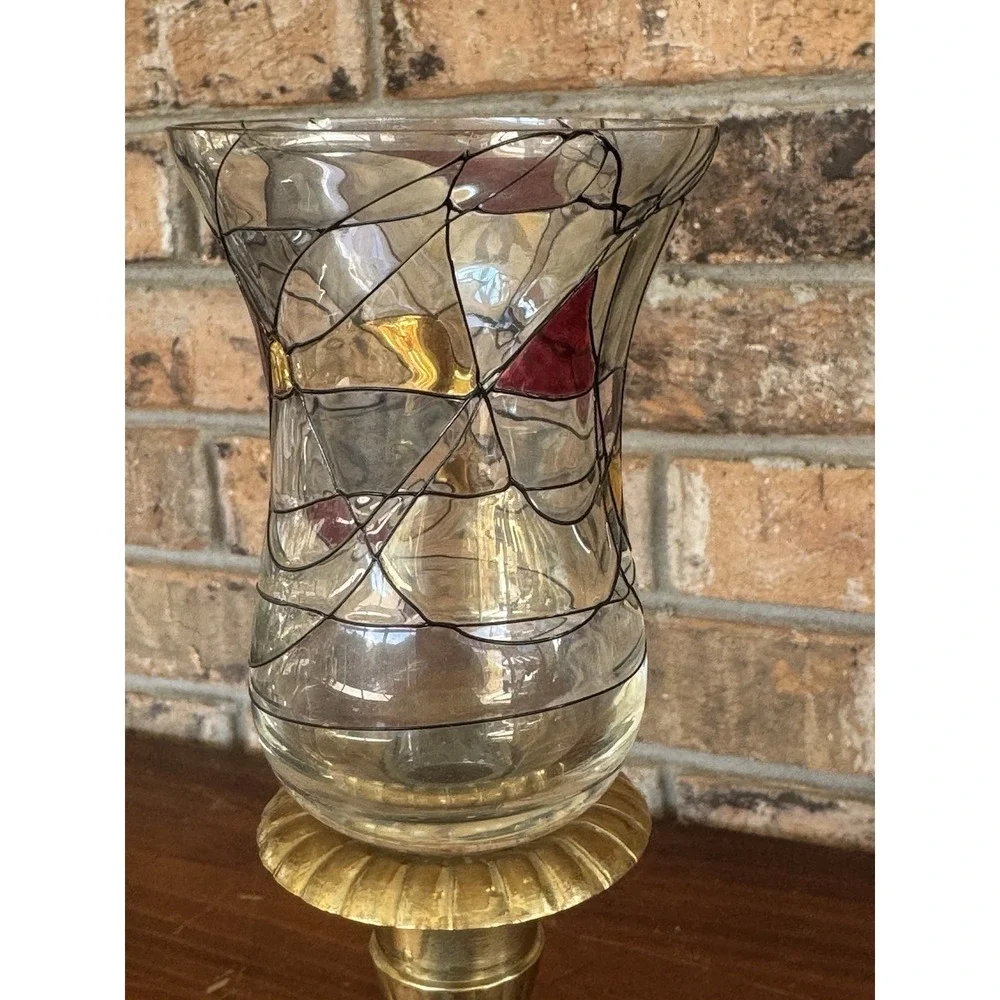 Vintage Stained Glass Votive Cups Pair Amber Red Art Glass Mid Century Style